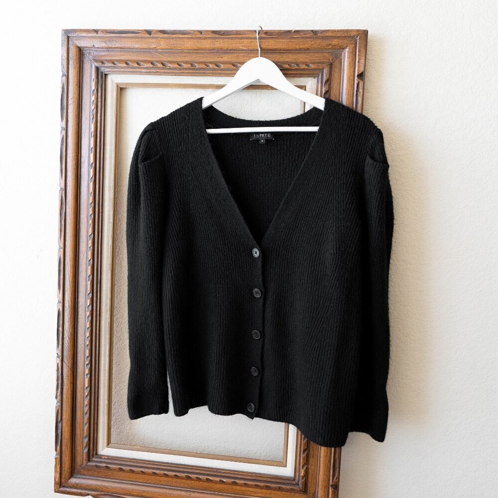 1.STATE Black Ribbed Knit Puff Sleeve Cardigan | Size 1X | Button-Up Sweater